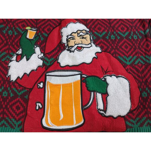 33Degrees Santa Beer Pocket Ugly Christmas Sweater Red Green Mens XL Funny - Picture 4 of 11